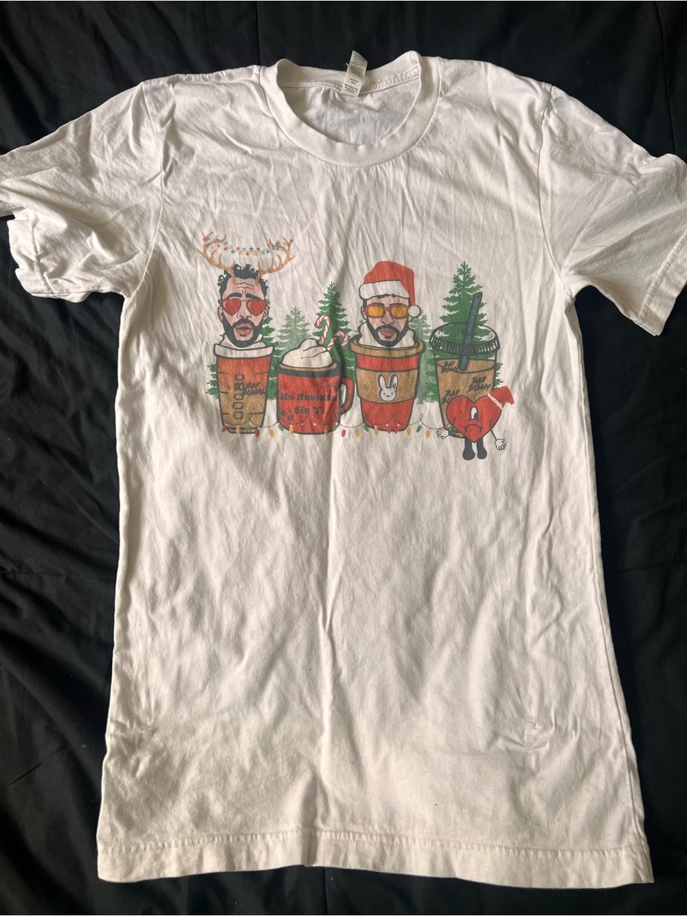 Bad Bunny White Holiday Coffee Cups Graphic Tee